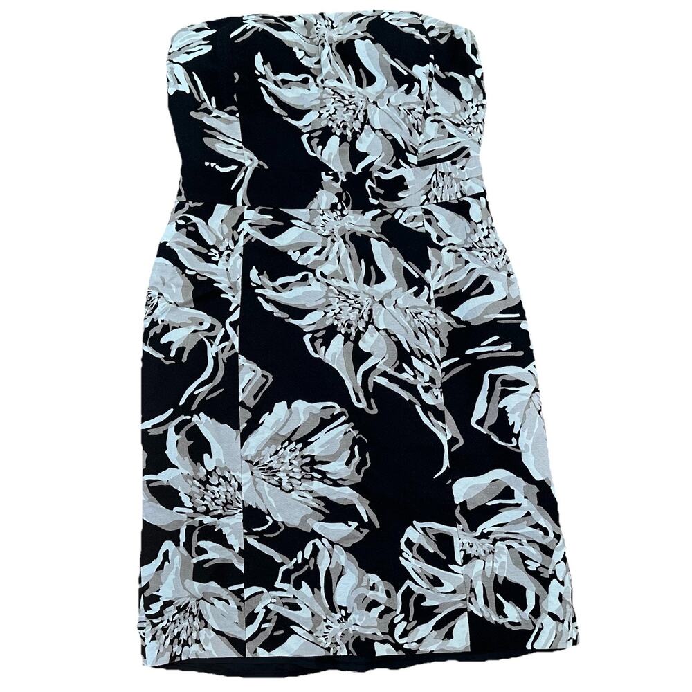 Banana‎ Republic Dress Womens Sz 8 Black Beige Floral Linen Sheath Strapless